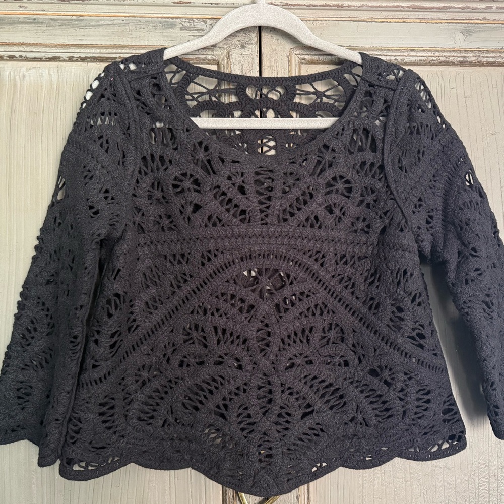 Black crochet 3/4 sleeve airy Boho top topper S Joie? Small